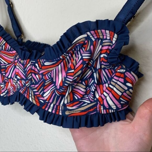 Marc By Marc Jacobs Swimwear Bikini Top Small Blue & Multicolor Ruffle Straps - Picture 9 of 10